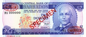 Barbados / P-30s / 2 Dollars / ND (1980) SPECIMEN