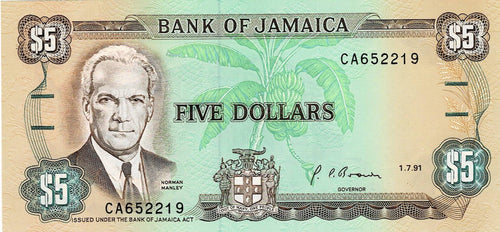 Jamaica P-70d 5 Dollars 01.07.1991