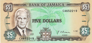 Jamaica P-70d 5 Dollars 01.07.1991