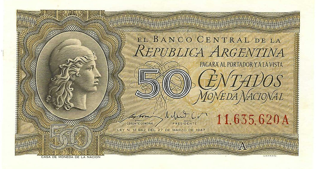 Argentina / P-259a / 50 Centavos / L 1947 (1950-51)