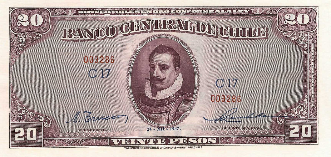 Chile / P-093b / 20 Pesos = 2 Condores / 24.12.1947