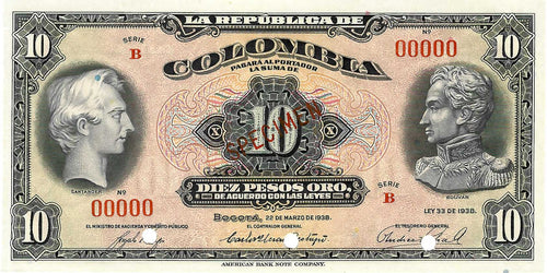 Colombia / P-342s / 10 Pesos Oro / 22.03.1938 / SPECIMEN