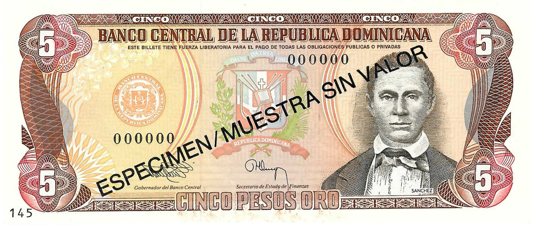 Dominican Republic / P-143s / 5 Pesos Oro / 1993 / SPECIMEN