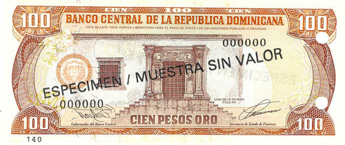 Dominican Republic / P-144s / 100 Pesos Oro / 1993  SPECIMEN
