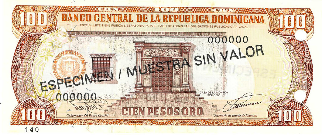 Dominican Republic / P-144s / 100 Pesos Oro / 1993  SPECIMEN