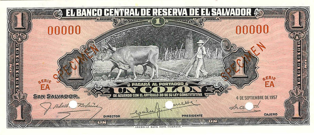 El Salvador P-93s 1 Colon 4.09.1957