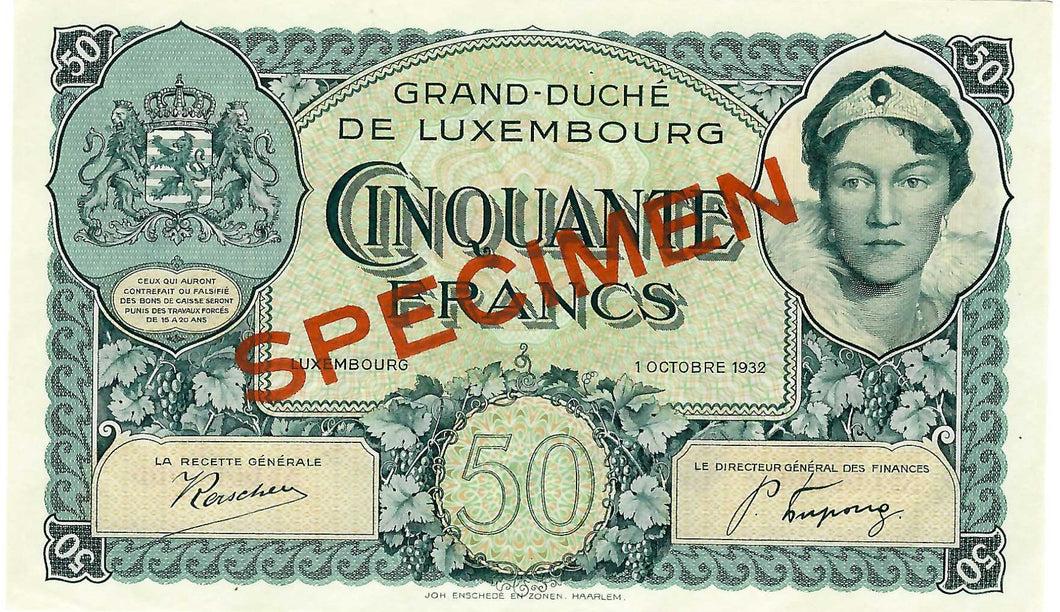 Luxembourg / P-38s1 / 50 Francs / 01.10.1932 / SPECIMEN