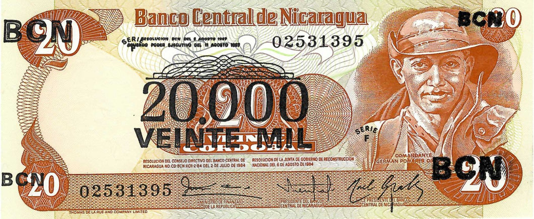 Nicaragua / P-147 / 20'000 Cordobas on 20 Cordobas /  D 1987 (1987)