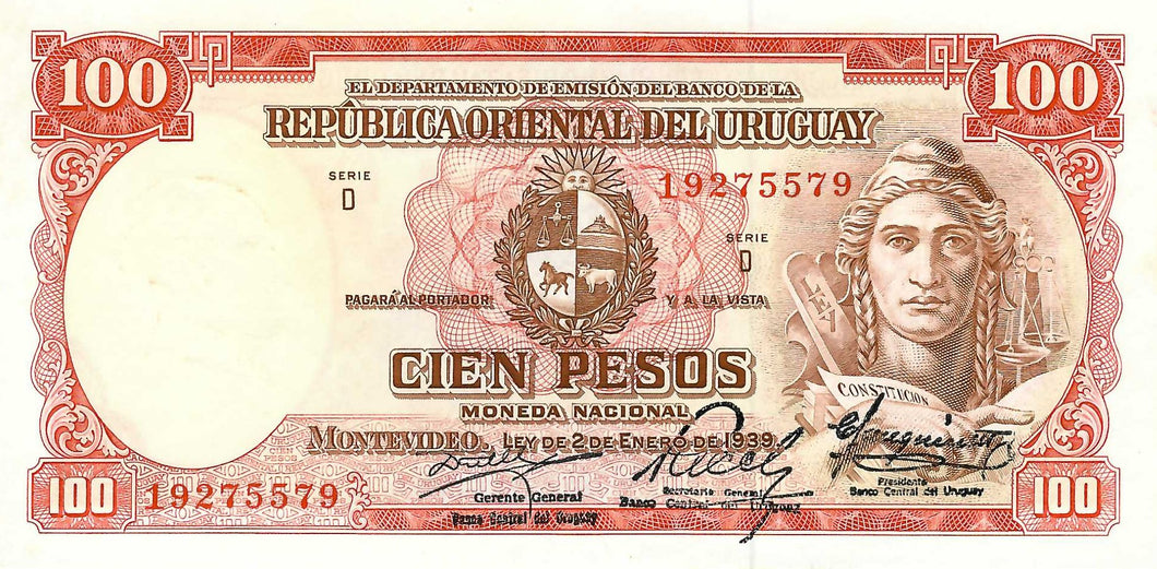Uruguay / P-43c / 100 Pesos / L 1939 (1967)