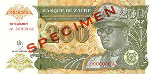 Zaire / P-61s / 200 Nouveaux Zaires / 15.02.1994 / SPECIMEN
