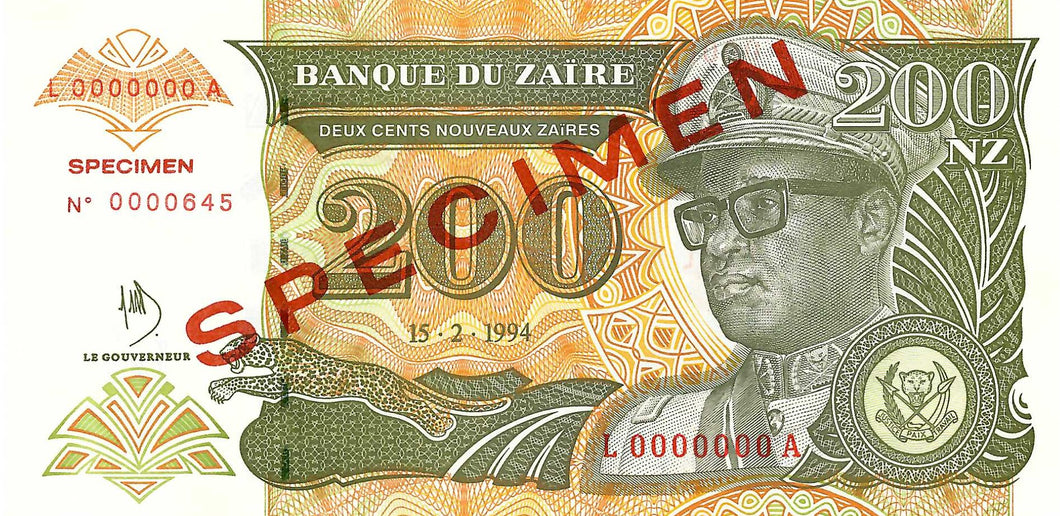 Zaire / P-61s / 200 Nouveaux Zaires / 15.02.1994 / SPECIMEN