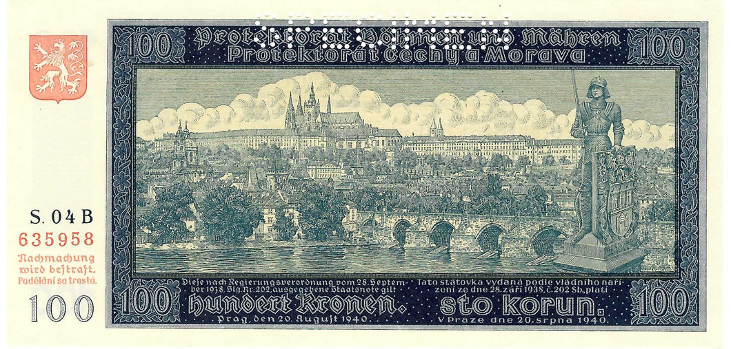 Bohemia and Moravia P-6s 100 Korun 20.08.1940