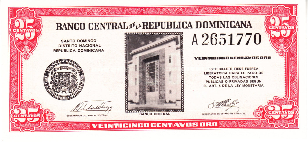 Dominican Republic P-87a 25 Centavos Oro ND (1961)