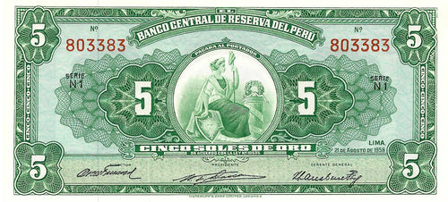 Peru P-81 5 Soles 21.08.1958