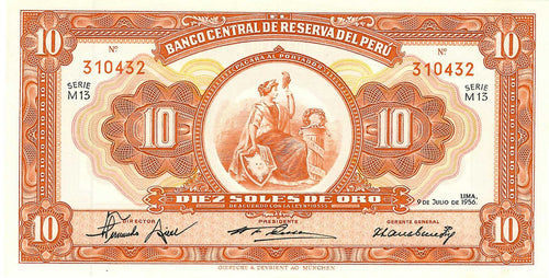 Peru P-77 10 Soles 09.07.1956