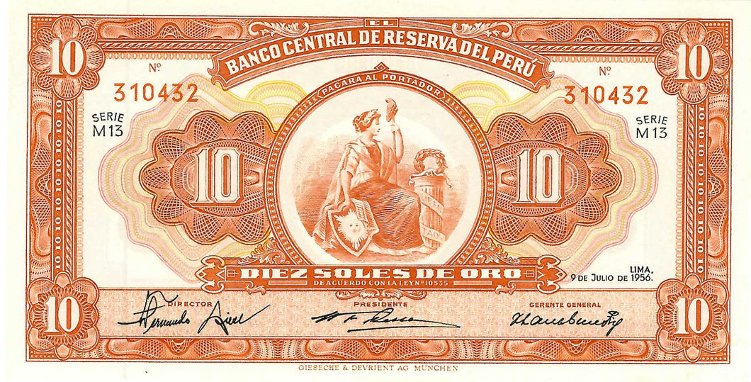 Peru P-77 10 Soles 09.07.1956