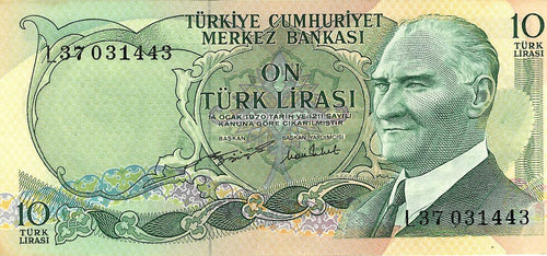 Turkey P-186 10 Lira L 1970 (1975)