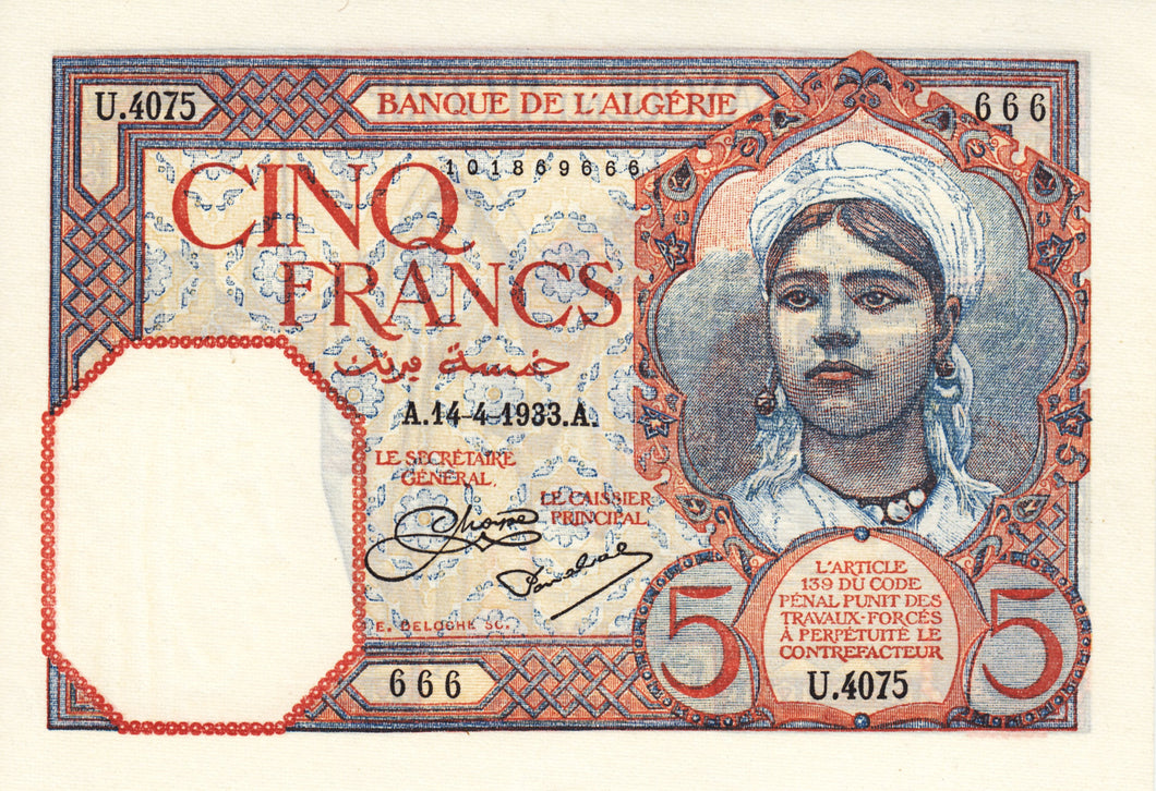 Algeria / P-077a / 5 Francs / 14.04.1933