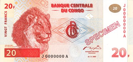 Congo Democratic Republic / P-088s / 20 Francs / 01.11.1997 (1998) / SPECIMEN