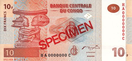 Congo Democratic Republic / P-093s / 10 Francs / 30.06.2003 / SPECIMEN
