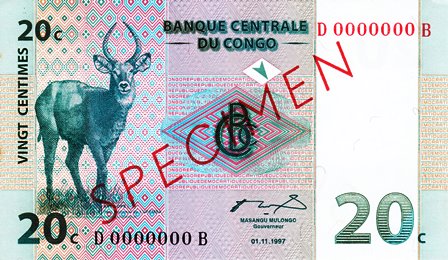 Congo Democratic Republic / P-083s / 20 Centimes / 01.11.1997 / SPECIMEN