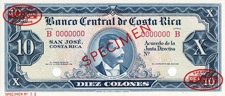 Costa Rica / P-229s / 10 Colones / ND (1962-67) / SPECIMEN
