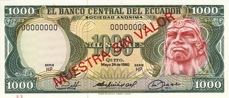 Ecuador / P-120s2 / 1000 Sucres / 24.05.1980 / SPECIMEN