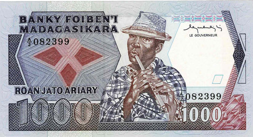 Madagascar P-68 1000 Francs ND (1983-87)