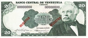 Venezuela / P-053s3 / 20 Bolivares / 18.09.1979 / SPECIMEN