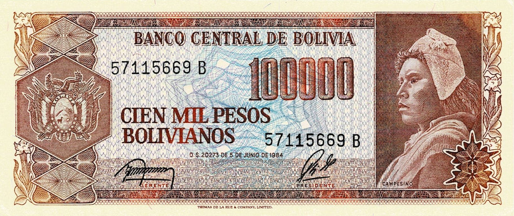 Bolivia P-171a 100'000 Pesos Bolivianos D 05.06.1984