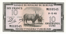 Burundi P-9 10 Francs 31.12.1965