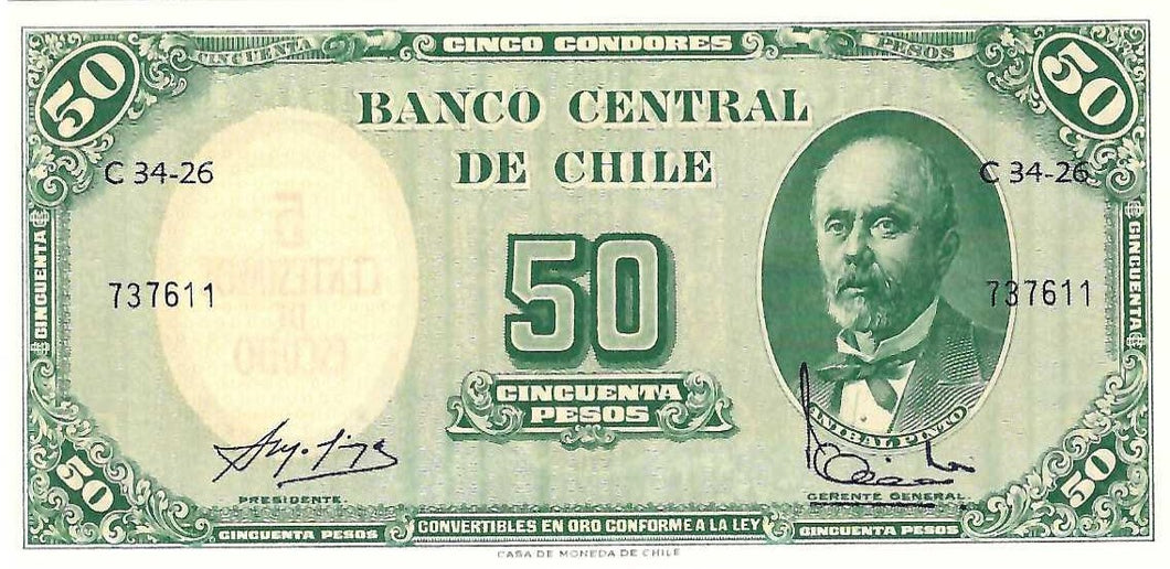 Chile P-126b 5 Centimos on 50 Pesos