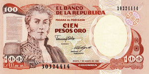 Colombia P-426d 100 Pesos Oro 07.08.1989