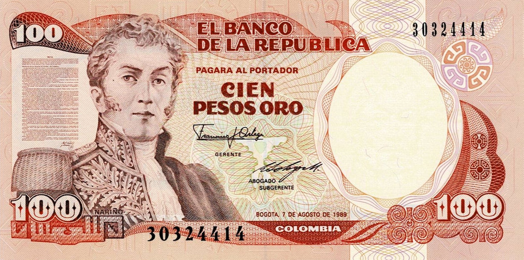 Colombia P-426d 100 Pesos Oro 07.08.1989