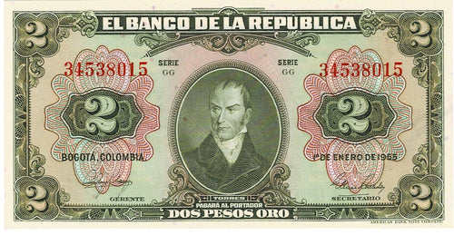 Colombia P-390d 2 Pesos Oro 01.01.1955