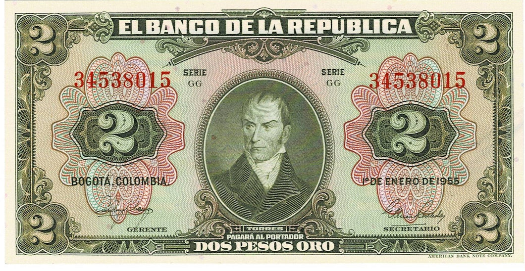 Colombia P-390d 2 Pesos Oro 01.01.1955