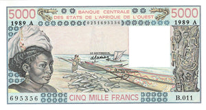 West African States P-108Ag 5'000 Francs 1989